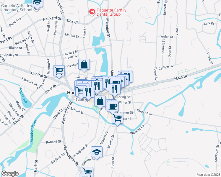 map of restaurants, bars, coffee shops, grocery stores, and more near 158 Massachusetts 62 in Hudson