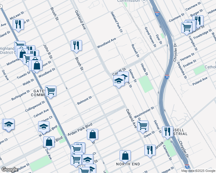 map of restaurants, bars, coffee shops, grocery stores, and more near 606 Belmont Street in Detroit