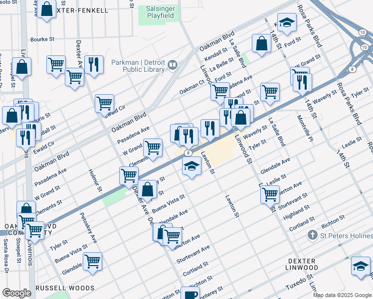 map of restaurants, bars, coffee shops, grocery stores, and more near 2901 West Davison Street in Detroit