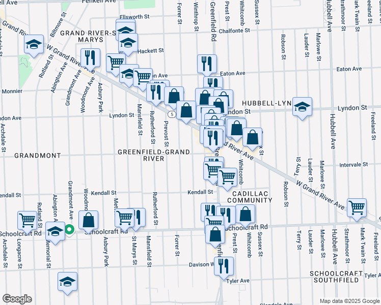 map of restaurants, bars, coffee shops, grocery stores, and more near 14259 Montrose Street in Detroit