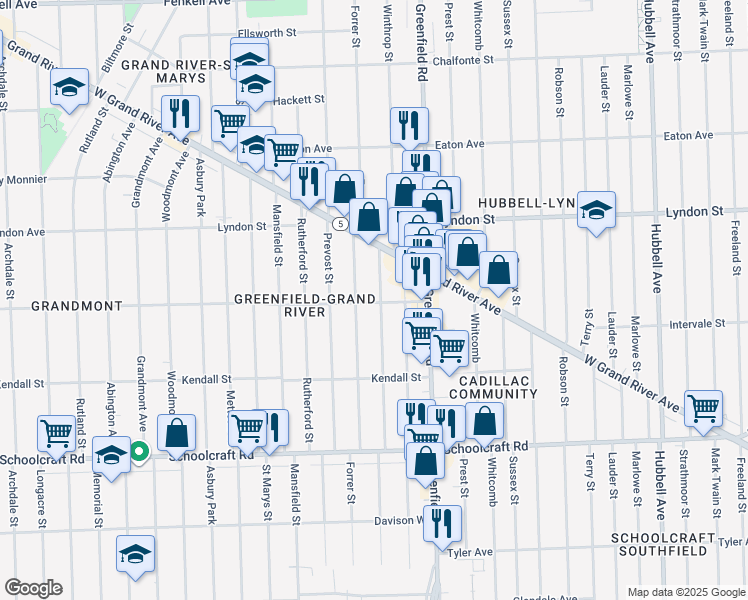 map of restaurants, bars, coffee shops, grocery stores, and more near 14259 Montrose Street in Detroit