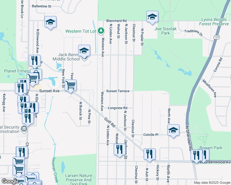map of restaurants, bars, coffee shops, grocery stores, and more near 2132 Walnut Street in Waukegan