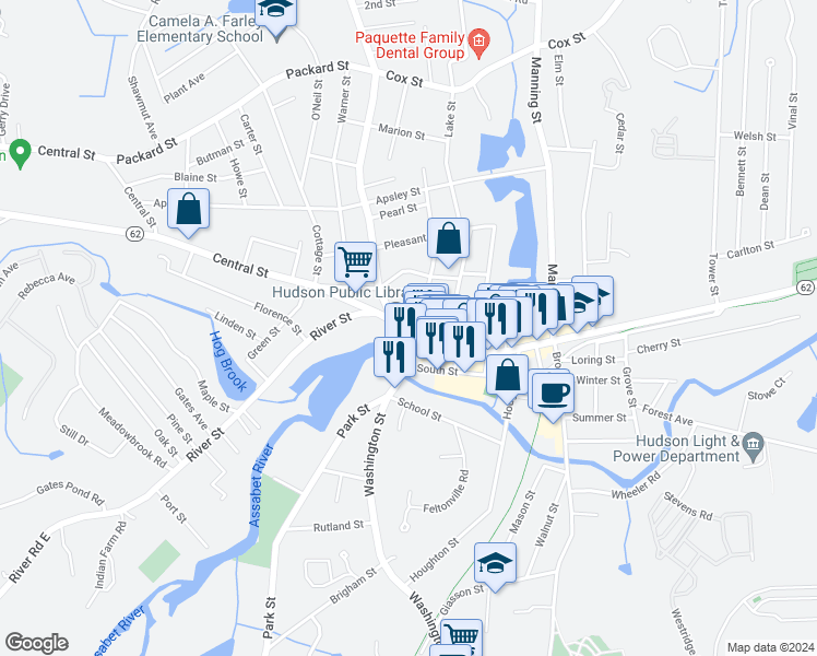 map of restaurants, bars, coffee shops, grocery stores, and more near 4 Washington Street in Hudson