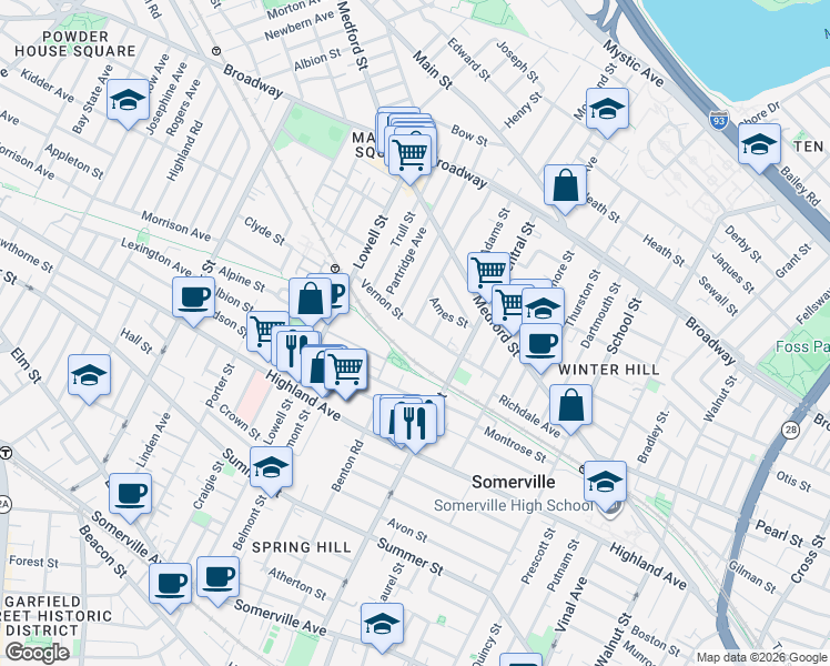 map of restaurants, bars, coffee shops, grocery stores, and more near 9 Bartlett Street in Somerville