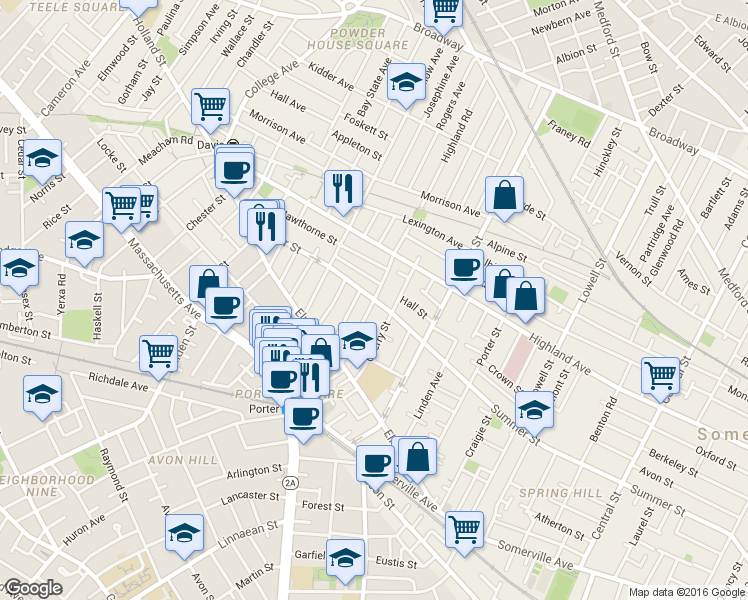 map of restaurants, bars, coffee shops, grocery stores, and more near Summer St & Hancock St in Somerville