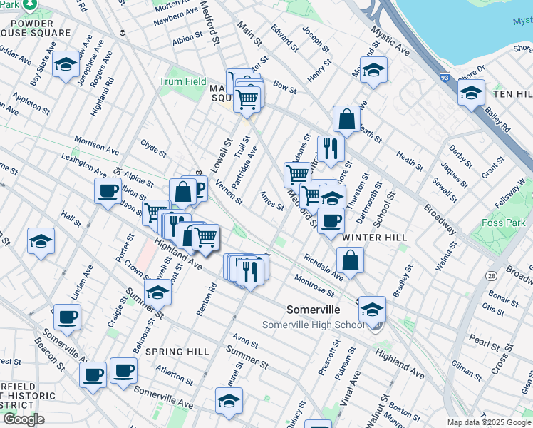 map of restaurants, bars, coffee shops, grocery stores, and more near 14 Miner Street in Somerville