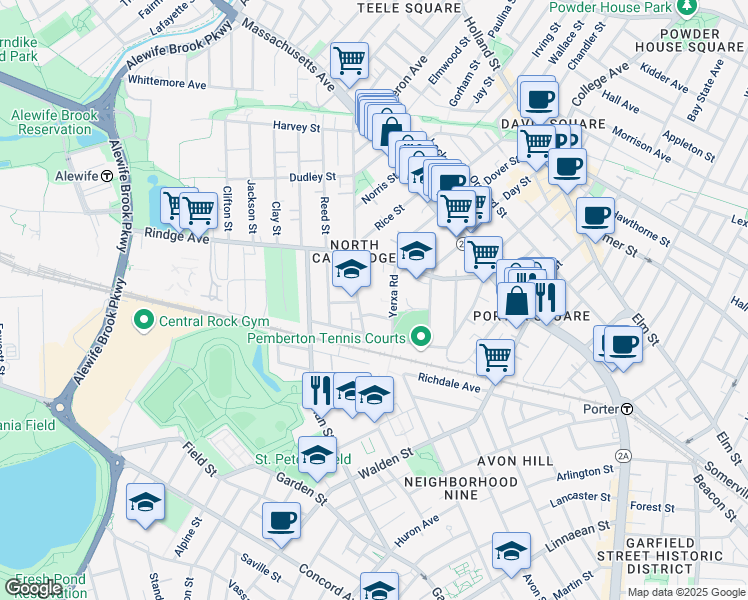 map of restaurants, bars, coffee shops, grocery stores, and more near 124 Rindge Avenue in Cambridge