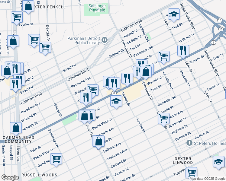 map of restaurants, bars, coffee shops, grocery stores, and more near 2901 West Davison Street in Detroit