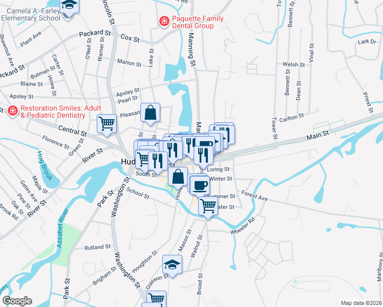 map of restaurants, bars, coffee shops, grocery stores, and more near 158 Massachusetts 62 in Hudson