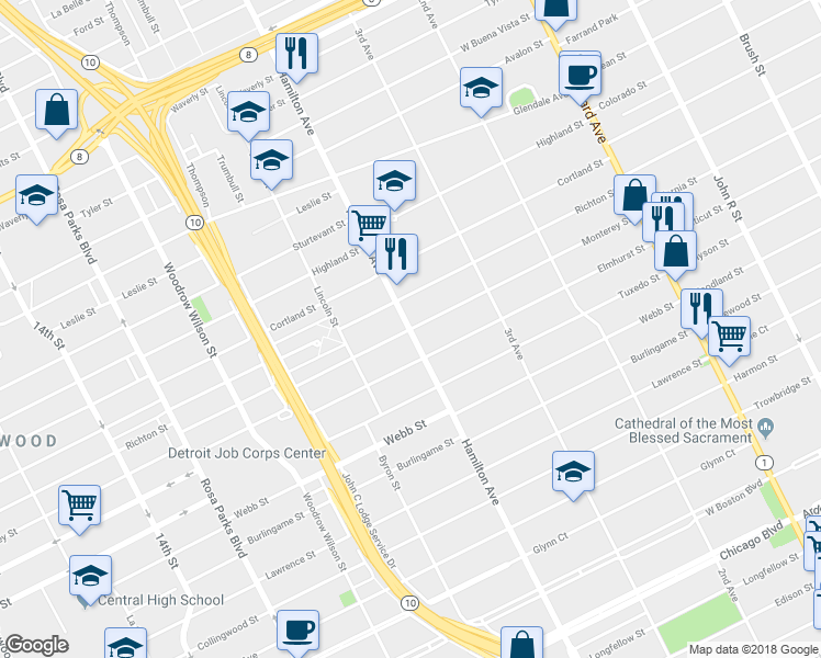 map of restaurants, bars, coffee shops, grocery stores, and more near Hamilton Ave & Monterey St in Highland Park