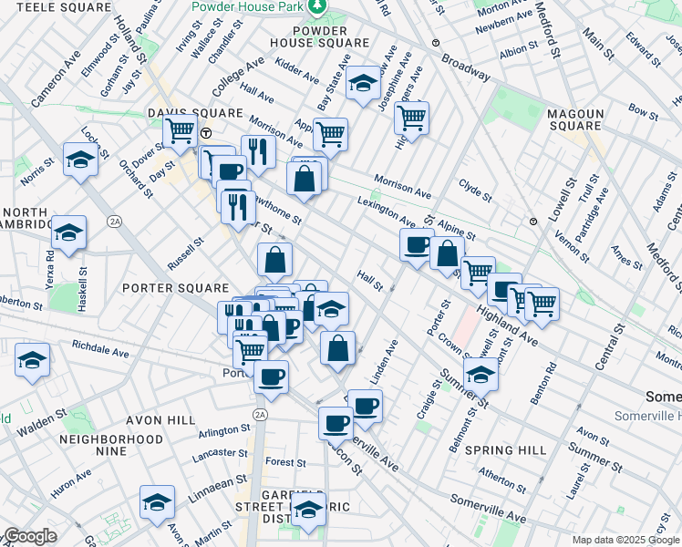 map of restaurants, bars, coffee shops, grocery stores, and more near 283 Summer Street in Somerville