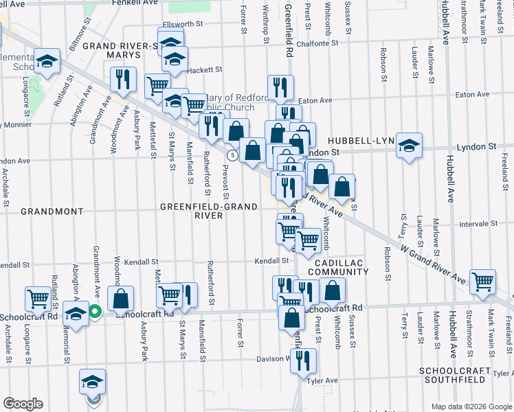 map of restaurants, bars, coffee shops, grocery stores, and more near 14259 Montrose Street in Detroit