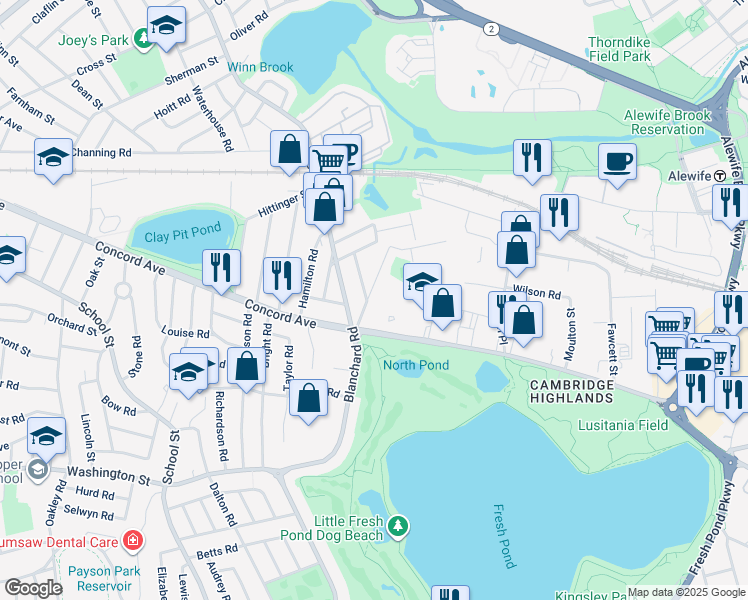 map of restaurants, bars, coffee shops, grocery stores, and more near 40 Griswold Street in Cambridge