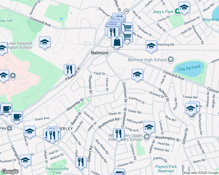 map of restaurants, bars, coffee shops, grocery stores, and more near 15 Clover Street in Belmont