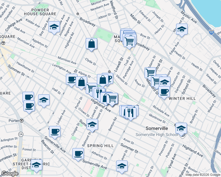 map of restaurants, bars, coffee shops, grocery stores, and more near 28 Woodbine Street in Somerville