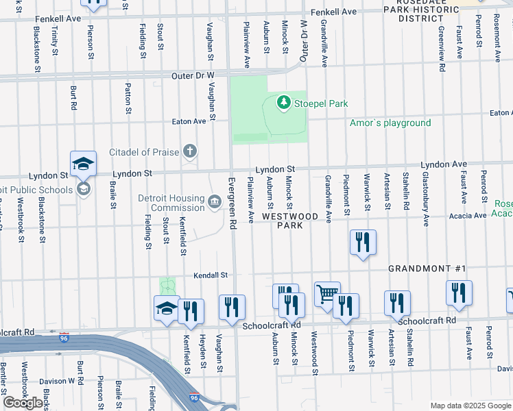map of restaurants, bars, coffee shops, grocery stores, and more near 14331 Auburn Street in Detroit