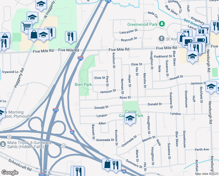map of restaurants, bars, coffee shops, grocery stores, and more near 38919 Jamison Street in Livonia