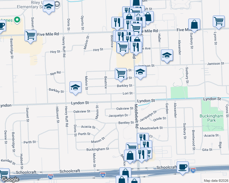 map of restaurants, bars, coffee shops, grocery stores, and more near 29609 Lori Street in Livonia