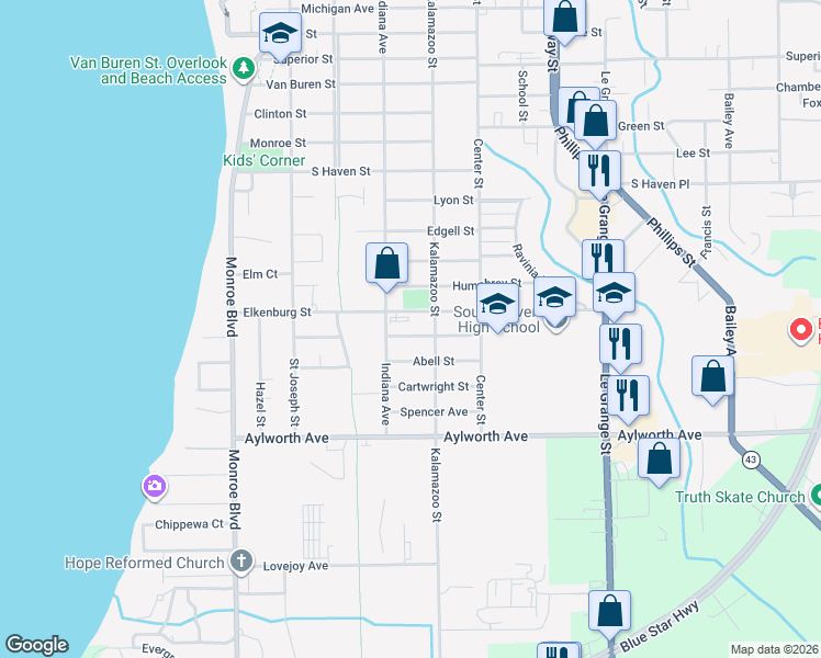 map of restaurants, bars, coffee shops, grocery stores, and more near 310 Cable Street in South Haven