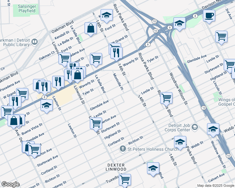 map of restaurants, bars, coffee shops, grocery stores, and more near 2310 Glendale Avenue in Detroit