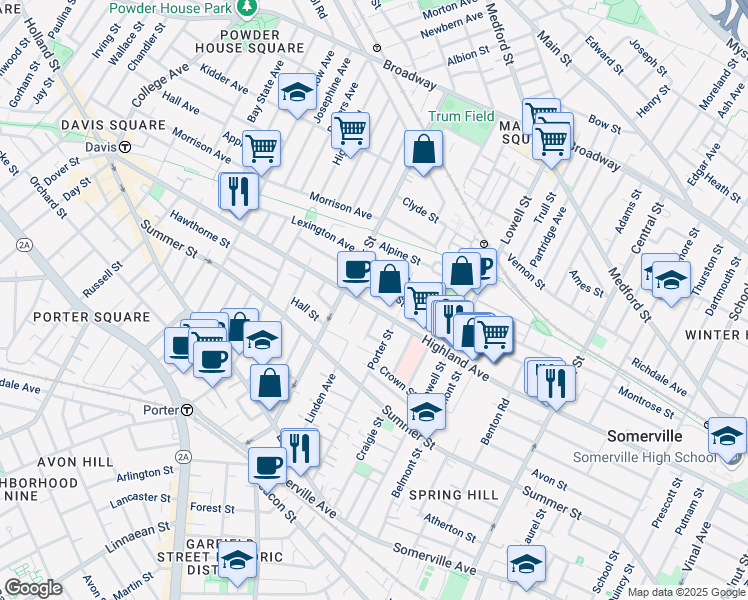 map of restaurants, bars, coffee shops, grocery stores, and more near 257 Highland Avenue in Somerville