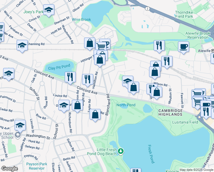 map of restaurants, bars, coffee shops, grocery stores, and more near 31 Blanchard Road in Cambridge