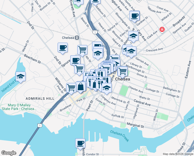 map of restaurants, bars, coffee shops, grocery stores, and more near 302 Broadway in Chelsea