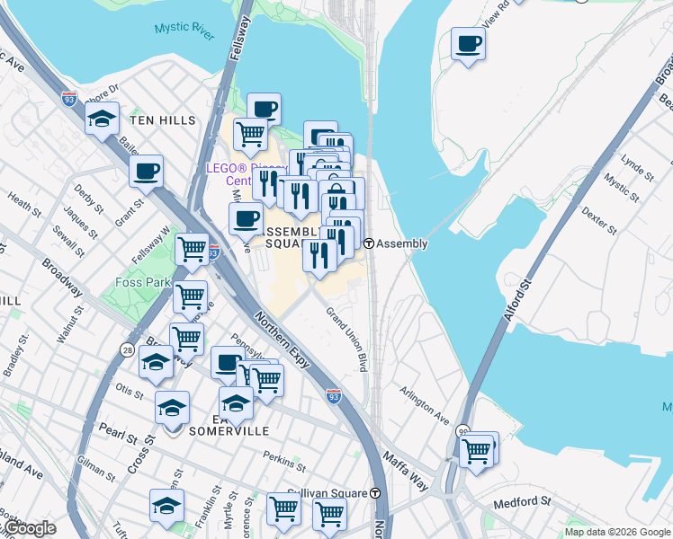 map of restaurants, bars, coffee shops, grocery stores, and more near 381 Revolution Drive in Somerville