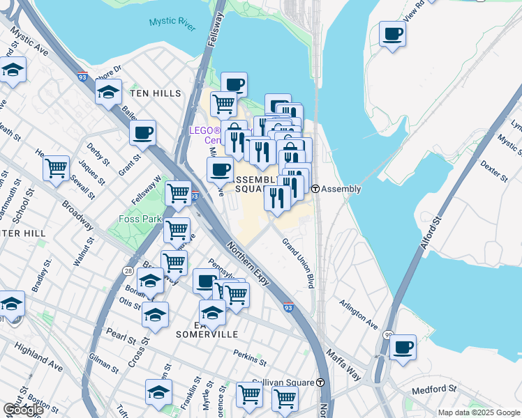 map of restaurants, bars, coffee shops, grocery stores, and more near in Somerville