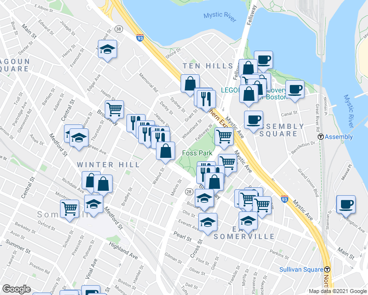 map of restaurants, bars, coffee shops, grocery stores, and more near 18 Fellsway West in Somerville
