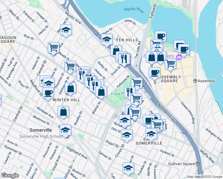 map of restaurants, bars, coffee shops, grocery stores, and more near 18 Fellsway West in Somerville