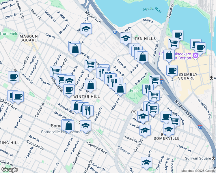 map of restaurants, bars, coffee shops, grocery stores, and more near 300 Broadway in Somerville