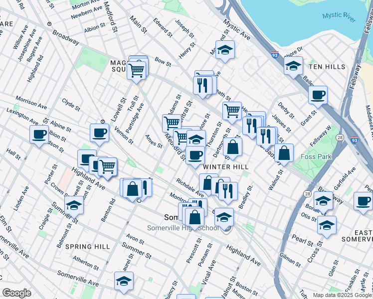map of restaurants, bars, coffee shops, grocery stores, and more near 50 Thurston Street in Somerville
