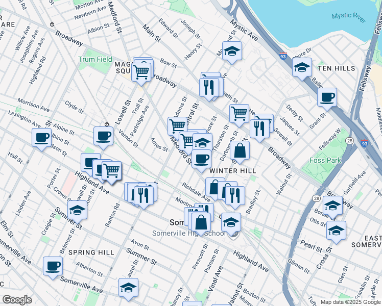 map of restaurants, bars, coffee shops, grocery stores, and more near 418 Medford Street in Somerville