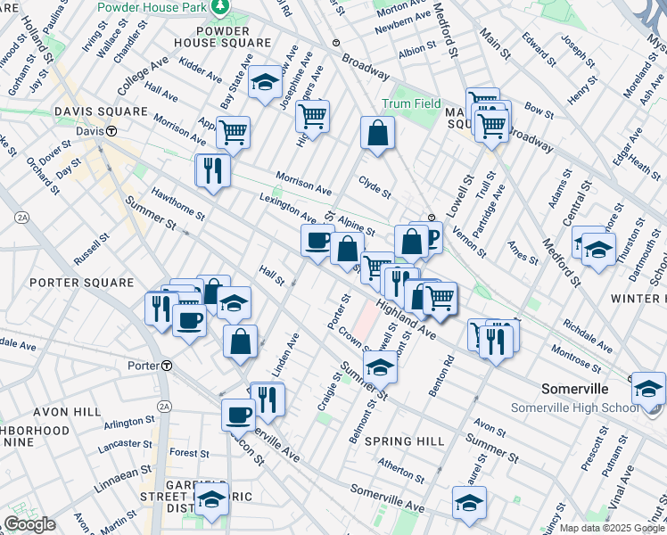 map of restaurants, bars, coffee shops, grocery stores, and more near 257 Highland Avenue in Somerville