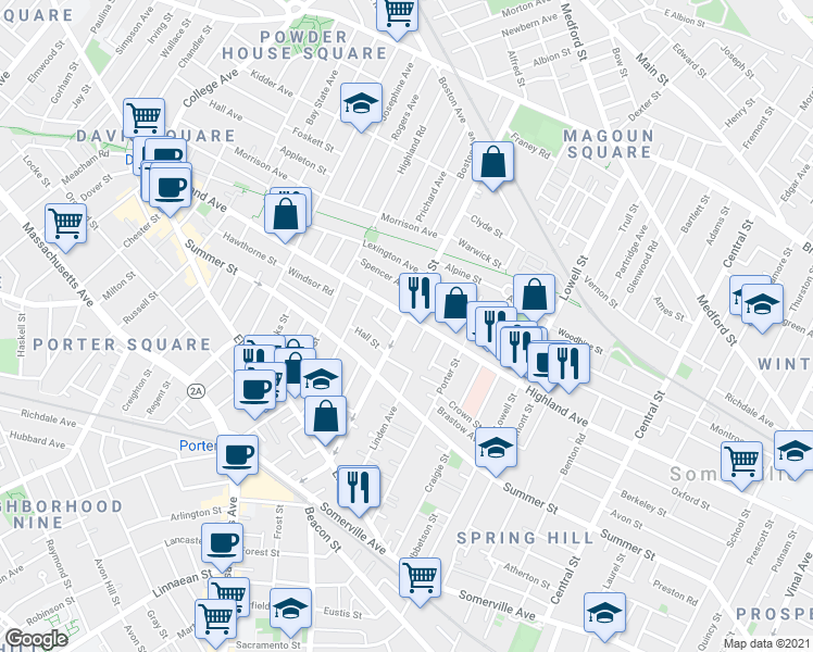 map of restaurants, bars, coffee shops, grocery stores, and more near 9 Eastman Road in Somerville