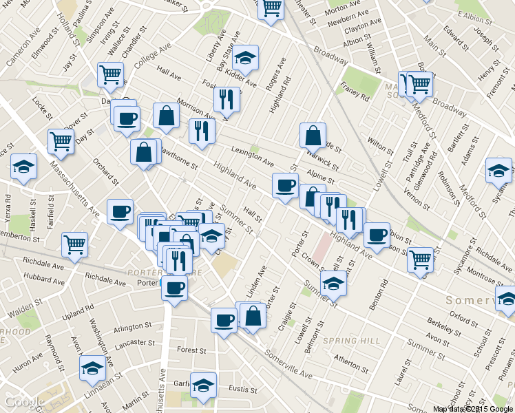 map of restaurants, bars, coffee shops, grocery stores, and more near 11 Hall Street in Somerville