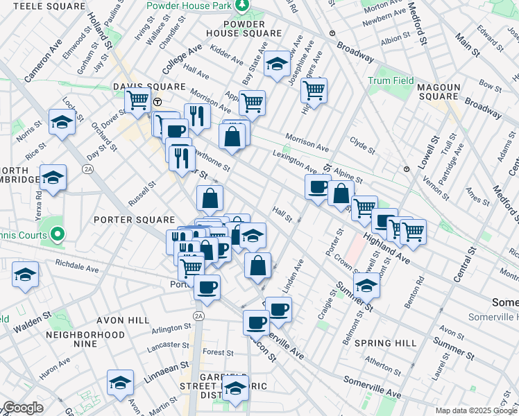 map of restaurants, bars, coffee shops, grocery stores, and more near 283 Summer Street in Somerville