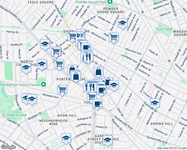 map of restaurants, bars, coffee shops, grocery stores, and more near 25 Beech Street in Cambridge