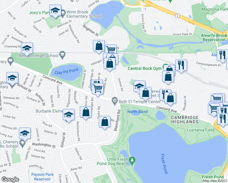 map of restaurants, bars, coffee shops, grocery stores, and more near 25 Concord Avenue in Belmont
