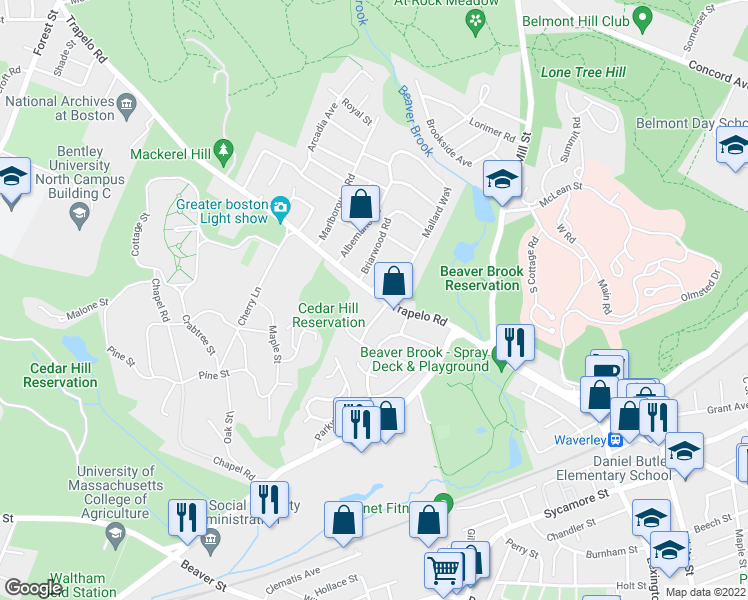 map of restaurants, bars, coffee shops, grocery stores, and more near 86 Trapelo Road in Waltham