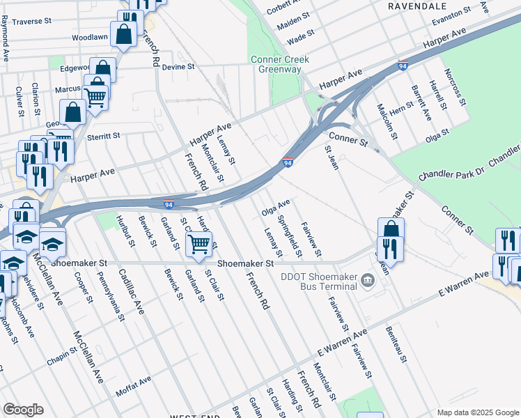 map of restaurants, bars, coffee shops, grocery stores, and more near 5656 Montclair Street in Detroit