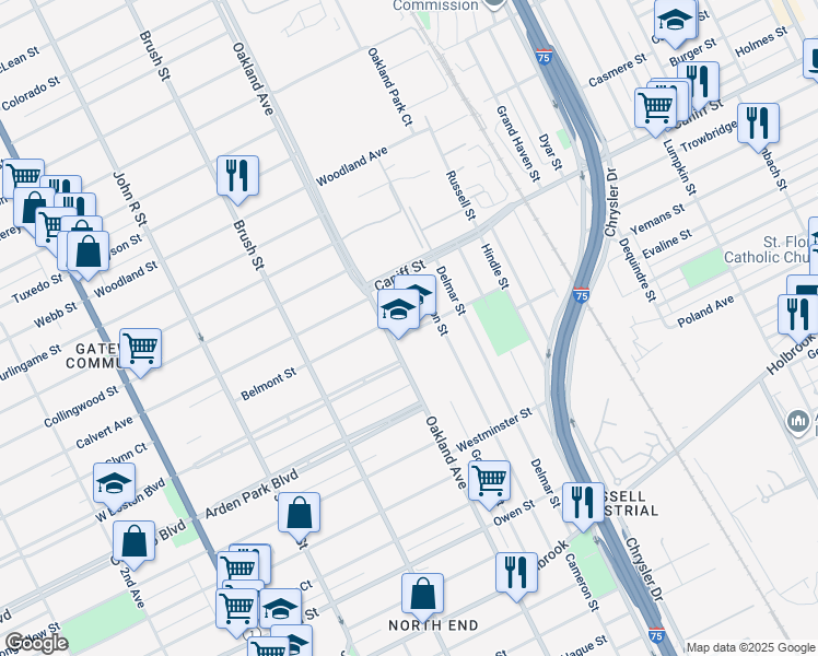 map of restaurants, bars, coffee shops, grocery stores, and more near 1000 Lynn Street in Detroit