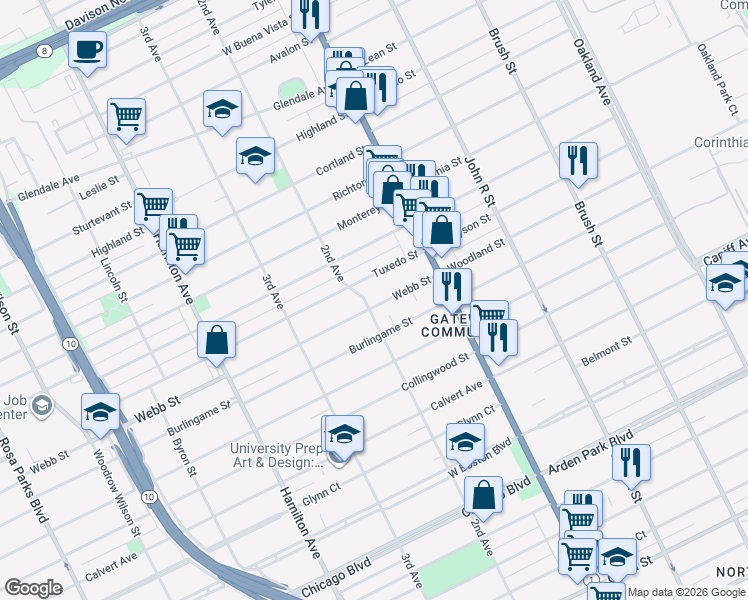 map of restaurants, bars, coffee shops, grocery stores, and more near 159 Webb Street in Detroit