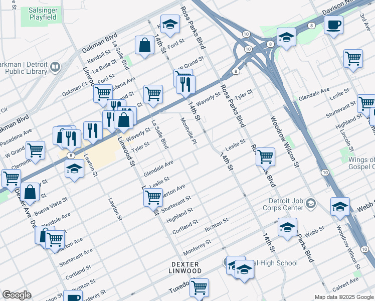 map of restaurants, bars, coffee shops, grocery stores, and more near 2338 Glendale Avenue in Detroit