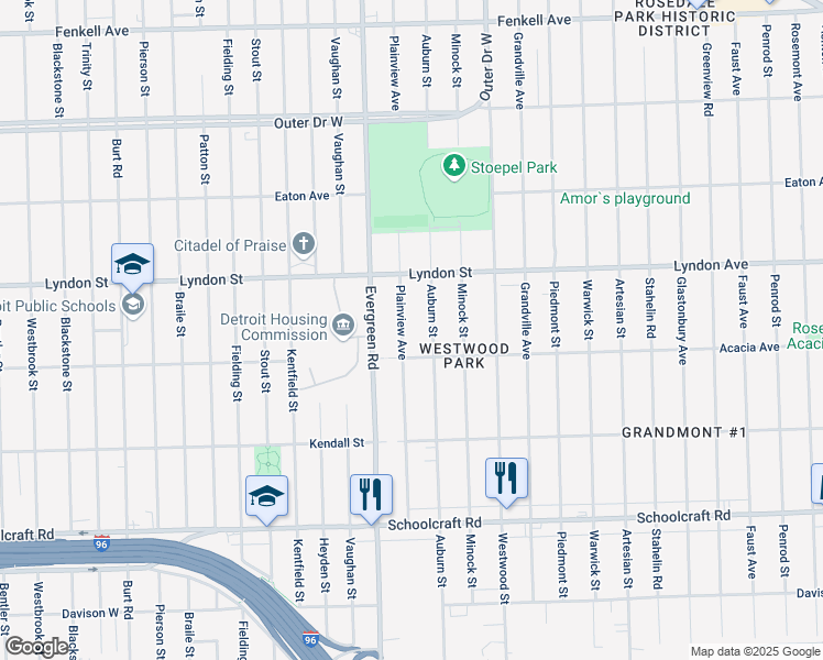 map of restaurants, bars, coffee shops, grocery stores, and more near 14331 Auburn Street in Detroit