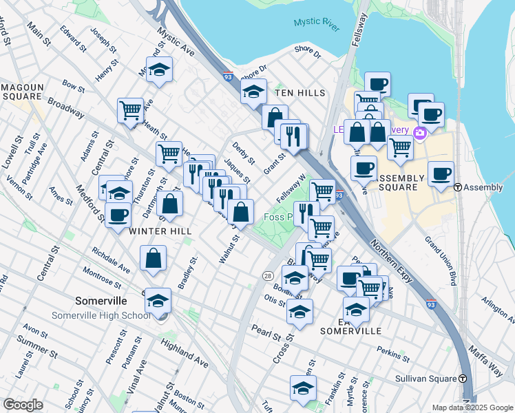 map of restaurants, bars, coffee shops, grocery stores, and more near 18 Fellsway West in Somerville