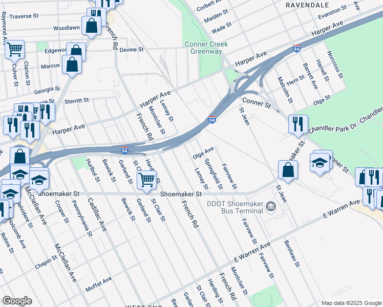 map of restaurants, bars, coffee shops, grocery stores, and more near 5656 Montclair Street in Detroit