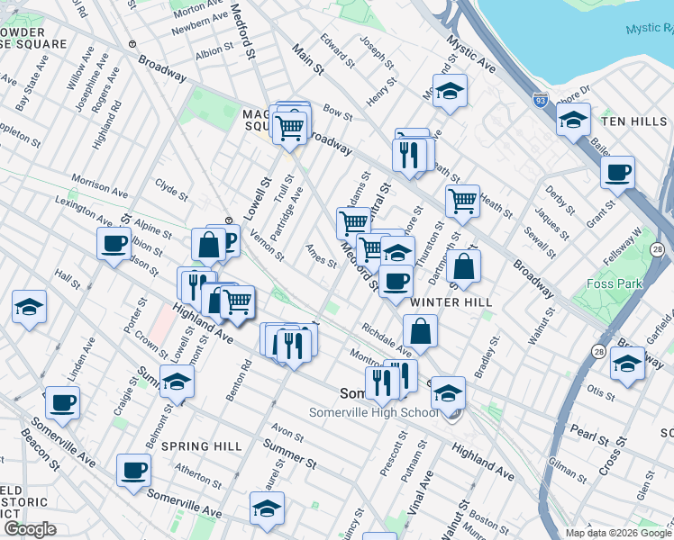 map of restaurants, bars, coffee shops, grocery stores, and more near 132 Central Street in Somerville