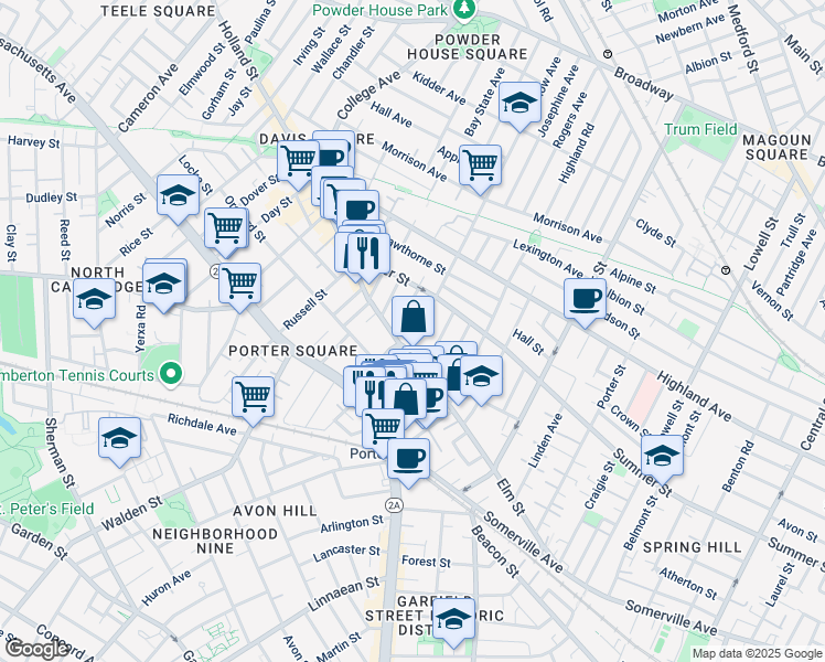 map of restaurants, bars, coffee shops, grocery stores, and more near 16 Banks Street in Somerville
